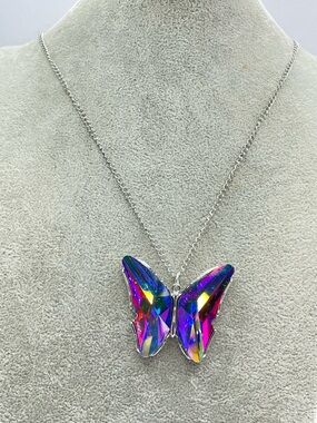 Butterfly AB Crystal Necklace Silver Tone Iridescent Statement Pendant